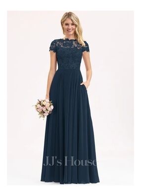 Navy Lace Bodice Cap Sleeve Evening Dress